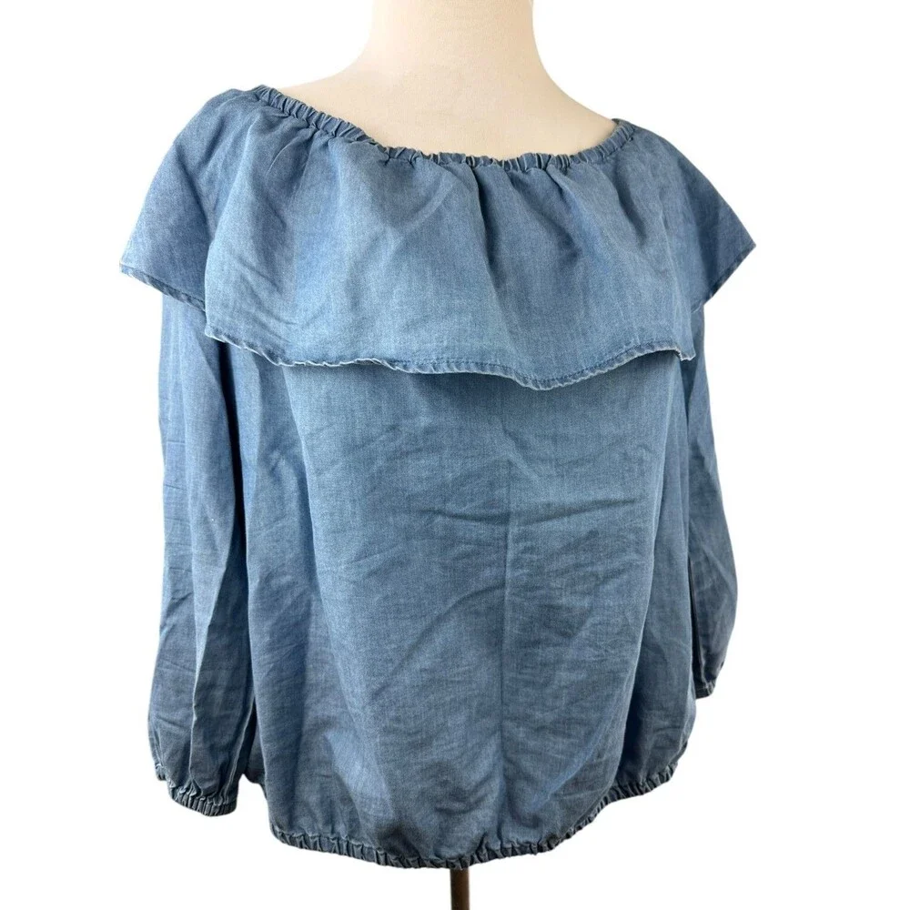 MICHAEL Michael Kors Off The Shoulder Denim Chambray Ruffle Top Plus Size 2X - Picture 5 of 11